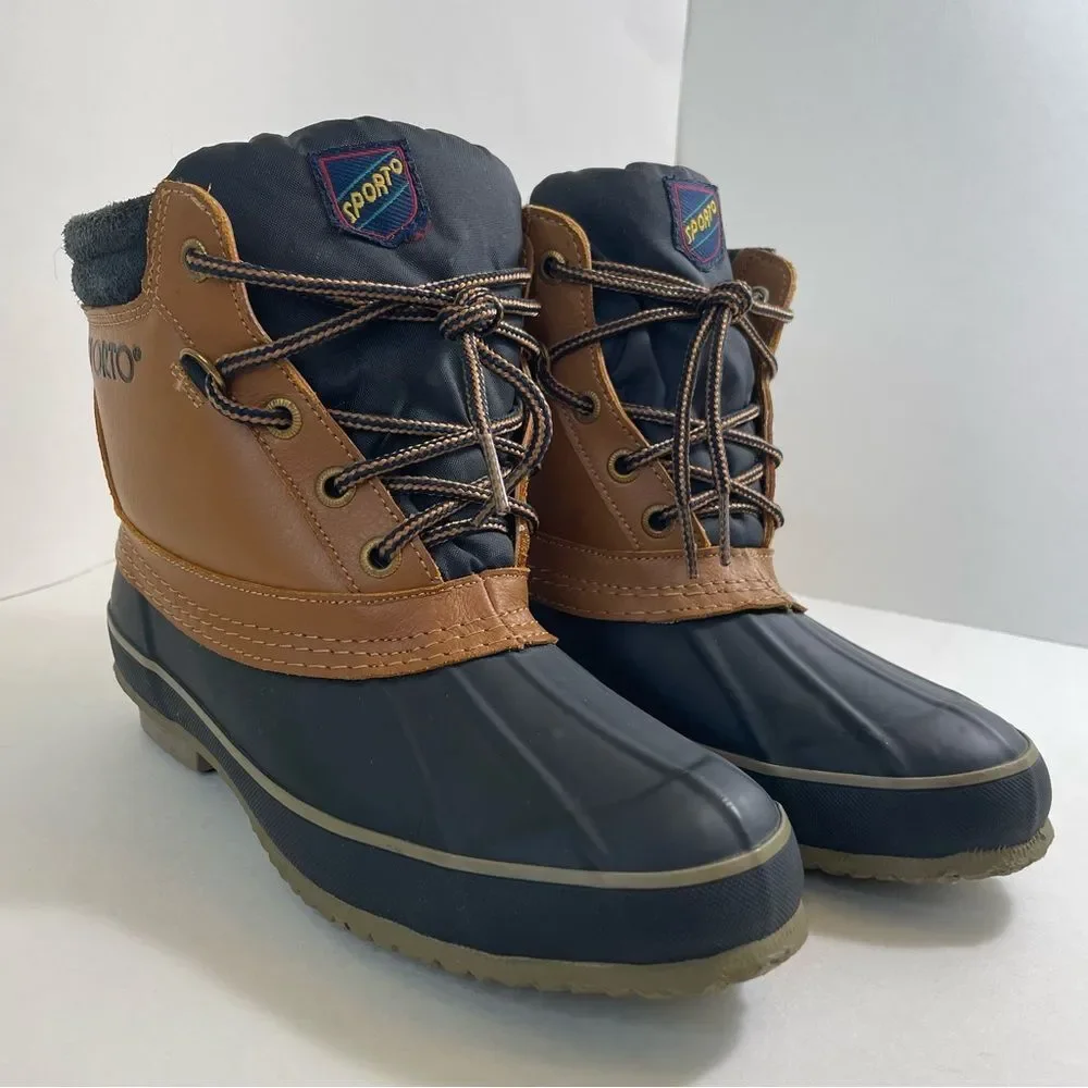 Sporto Duck Boots Thermolite Navy Tan Leather Lace Up Insulated‎ Lining